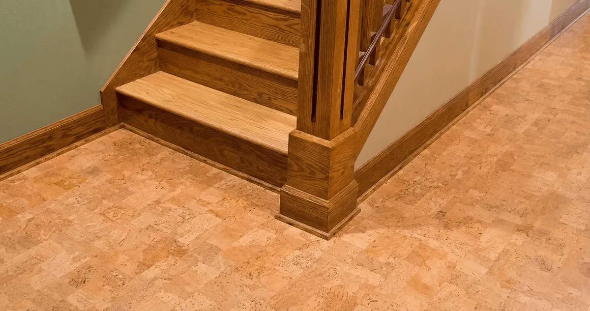 End of a staircase with cork flooring in Bakersfield, CA