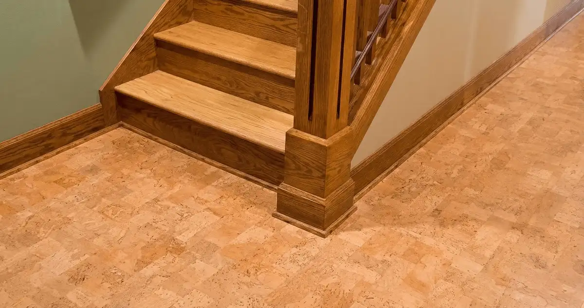 End of a staircase with cork flooring in Bakersfield, CA