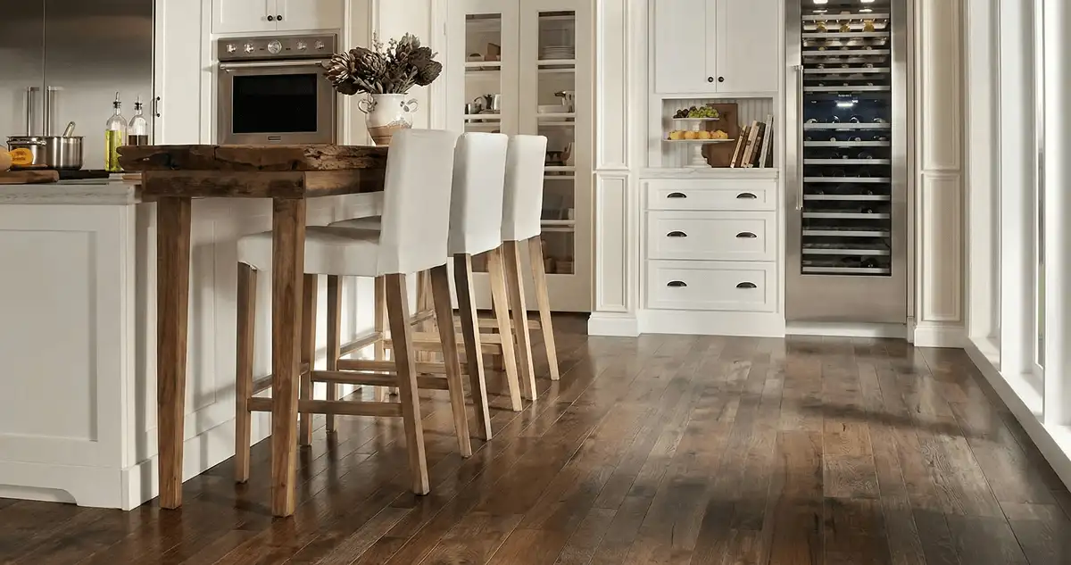 Professionally installed and refinished hardwood flooring in a residential home, showcasing smooth finish and natural wood tones in Bakersfield, CA