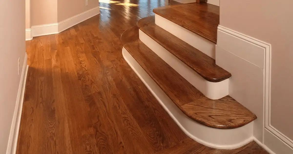 Base floor of a staircase with professionally restored wood flooring in Bakersfield CA