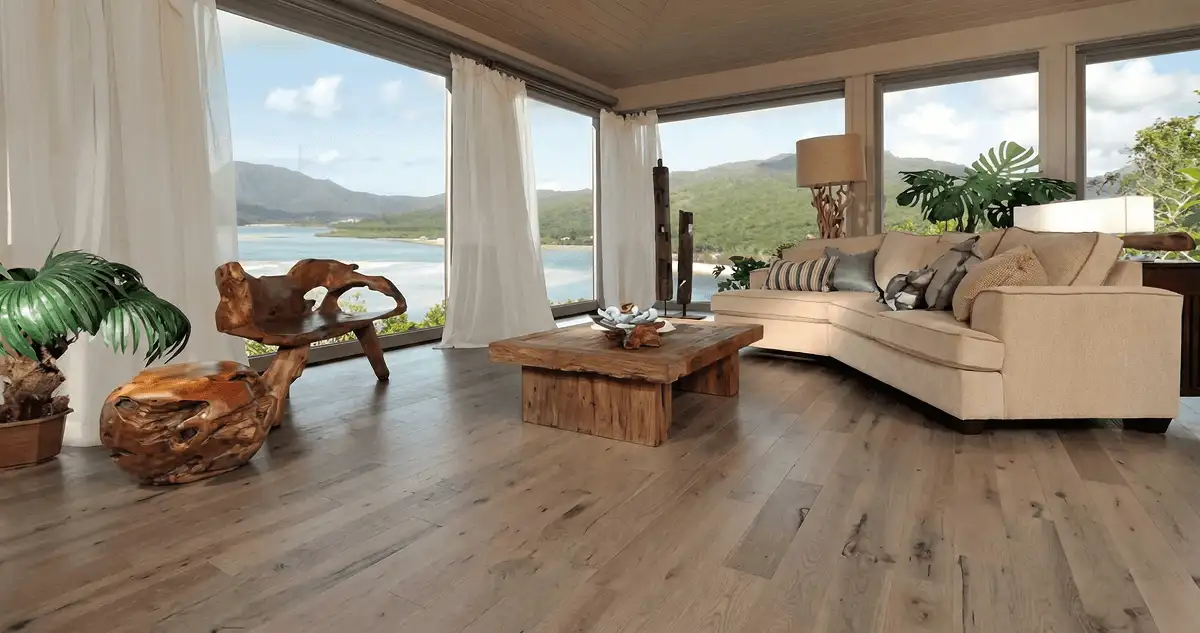 Professionally installed vinyl flooring in a modern living room with large windows in Bakersfield, CA